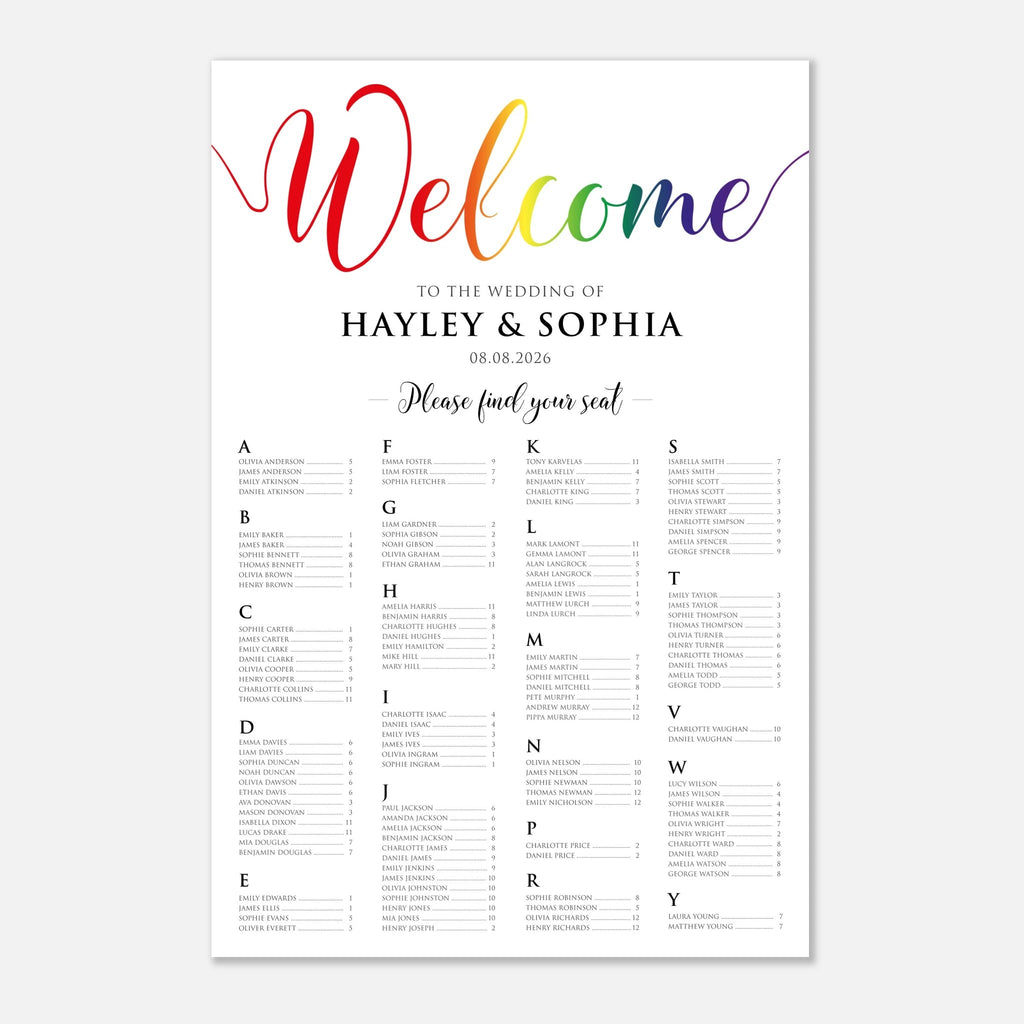A vertical wedding reception seating chart print with a colorful rainbow 'Welcome' script at the top and black text listing guests by letter columns below, shown on a light gray background.