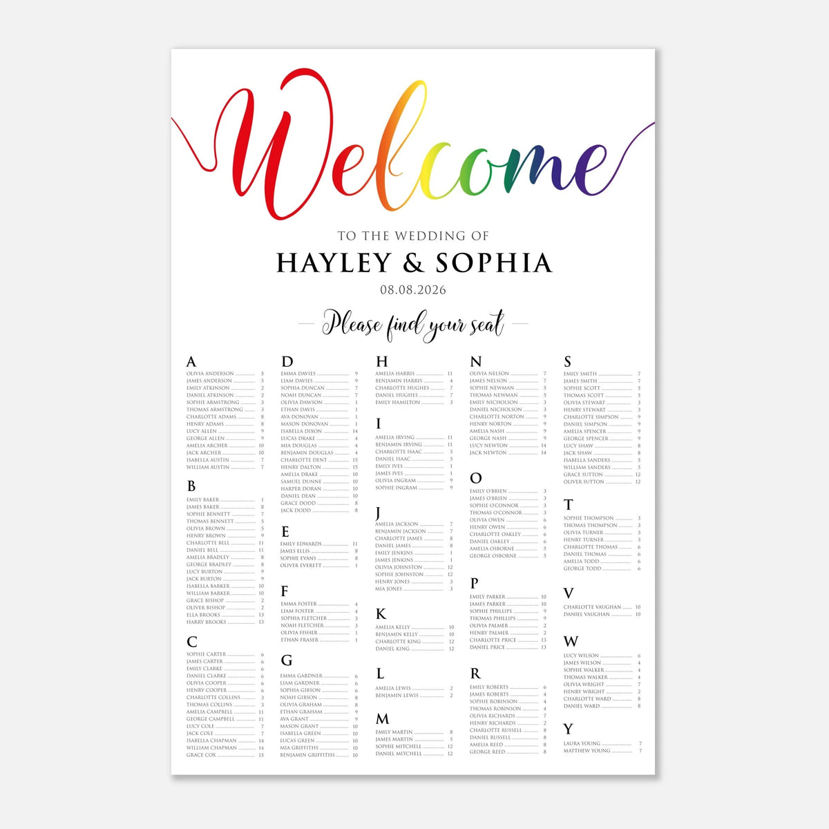 A vertical wedding guest list sign with a colorful rainbow 'Welcome' script at the top and black printed seating charts below on a white background.