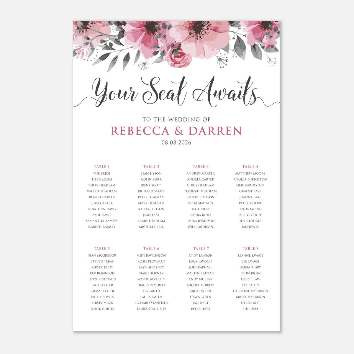 A wedding seating chart printout titled 'Your Seat Awaits' for the wedding of Rebecca and Darren, dated 08.08. With 8 tables.