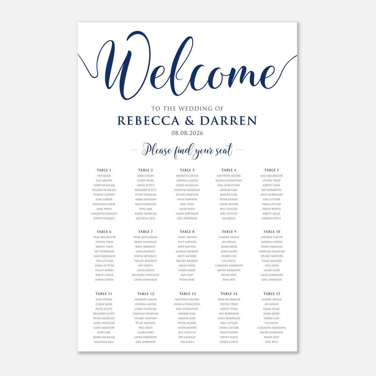 A wedding welcome seating chart print with navy blue script and serif text on a white background, listing 15 tables and guest names under headings such as 'Welcome to the wedding of Rebecca & Darren' and 'Please find your seat.'.
