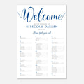 A wedding seating chart print with a white background and royal blue typography. The top features the word 'Welcome' in large script, followed by the names 'Rebecca & Darren' and the date '08.