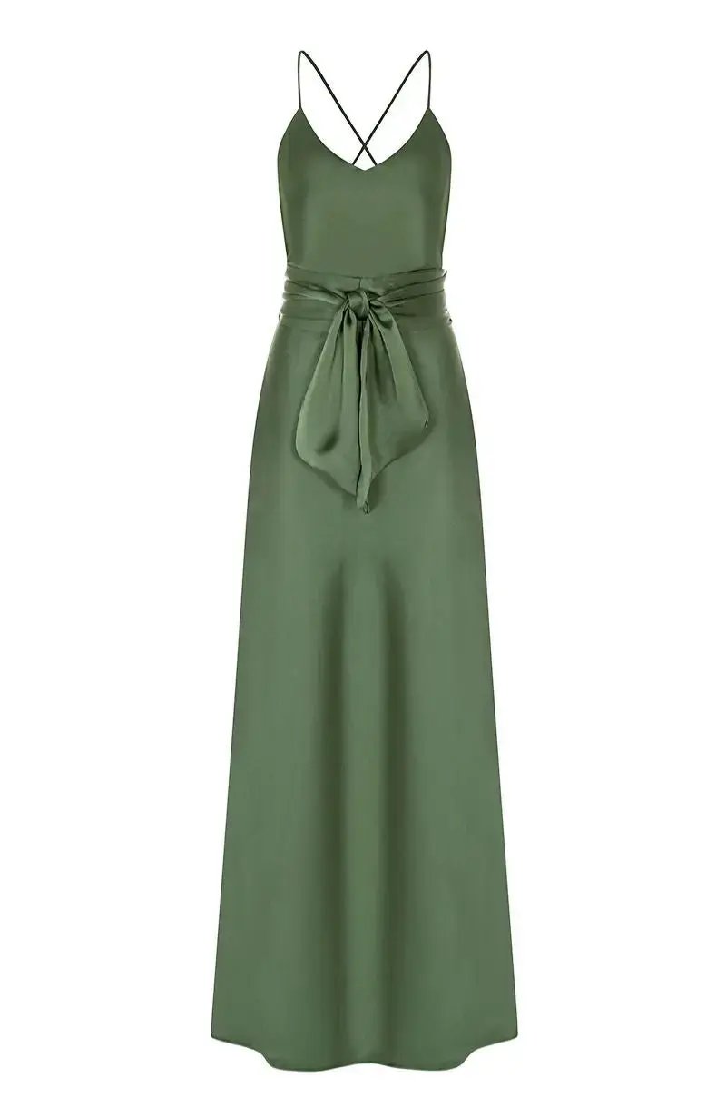 Olive Green bridesmaid dress with a tie waist on a white background