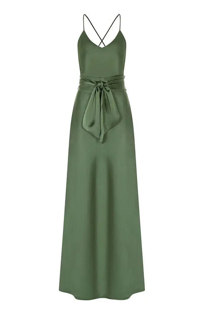 Olive Green bridesmaid dress with a tie waist on a white background