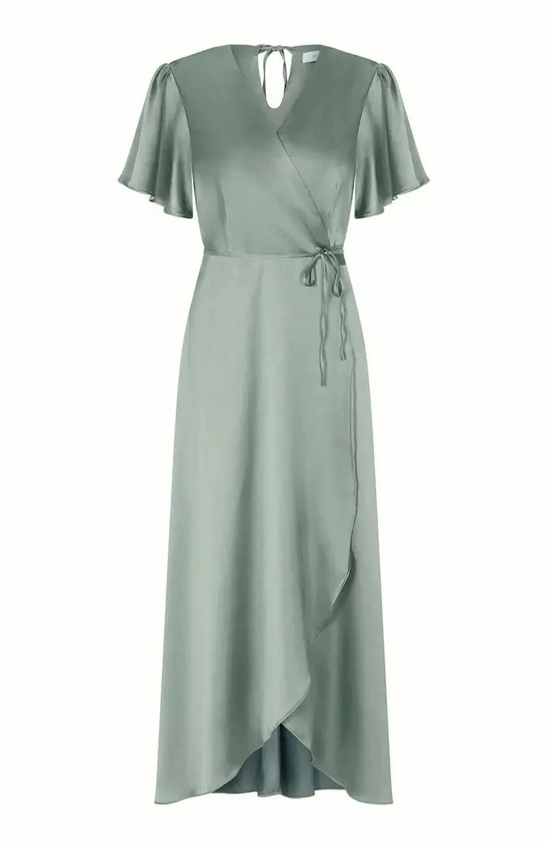 Sage Green Bridesmaid dress with a V-neckline and short sleeves on a white background
