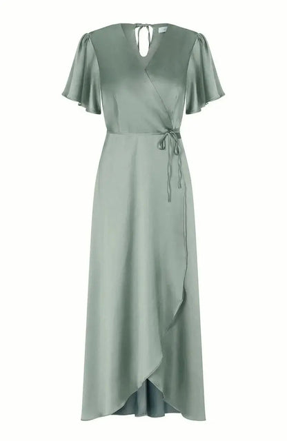 Sage Green Bridesmaid dress with a V-neckline and short sleeves on a white background
