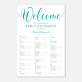 A wedding welcome sign with elegant teal script reading 'Welcome' at the top, followed by the names 'Rebecca & Darren' and the date '08.08.