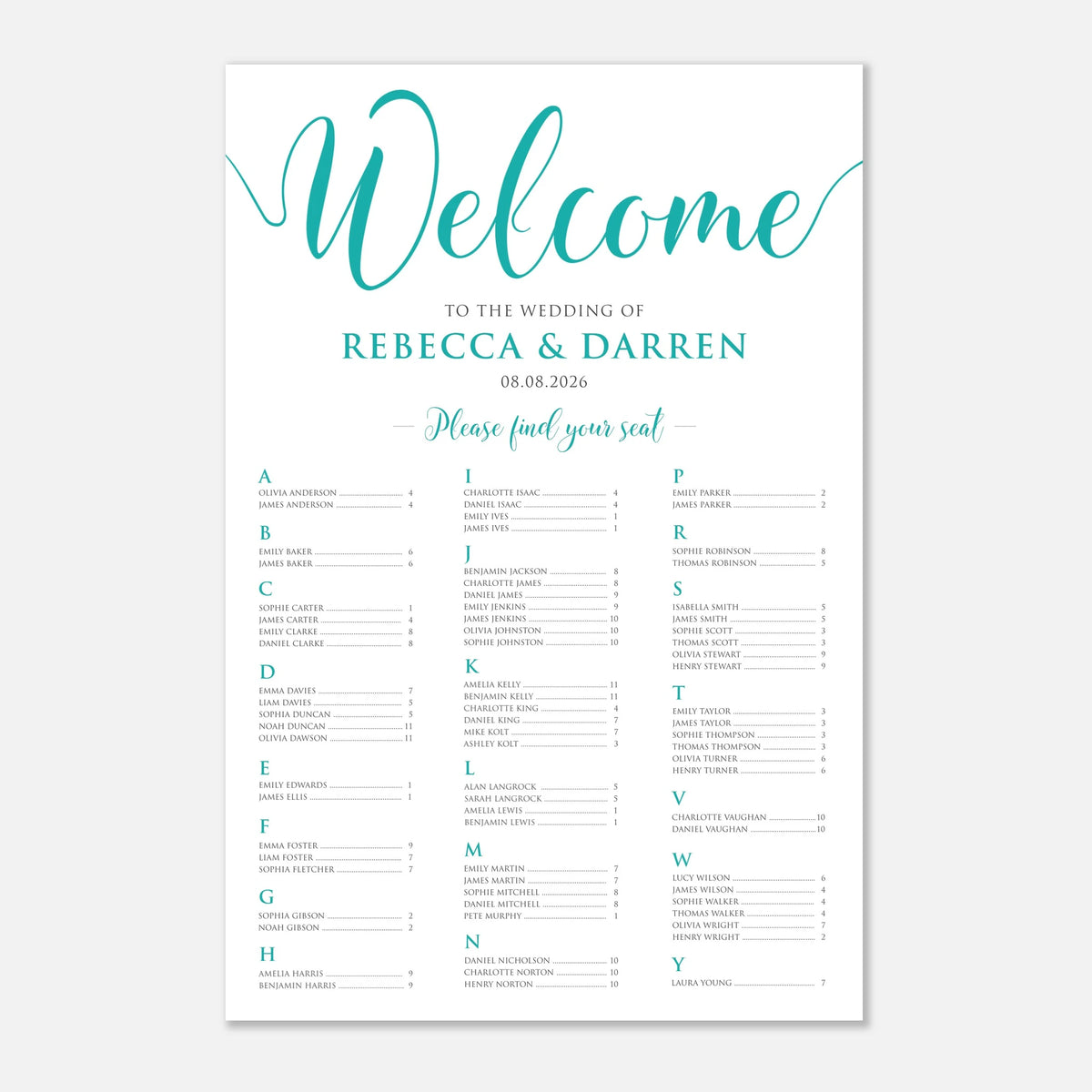 A wedding welcome sign with elegant teal script reading 'Welcome' at the top, followed by the names 'Rebecca & Darren' and the date '08.08.