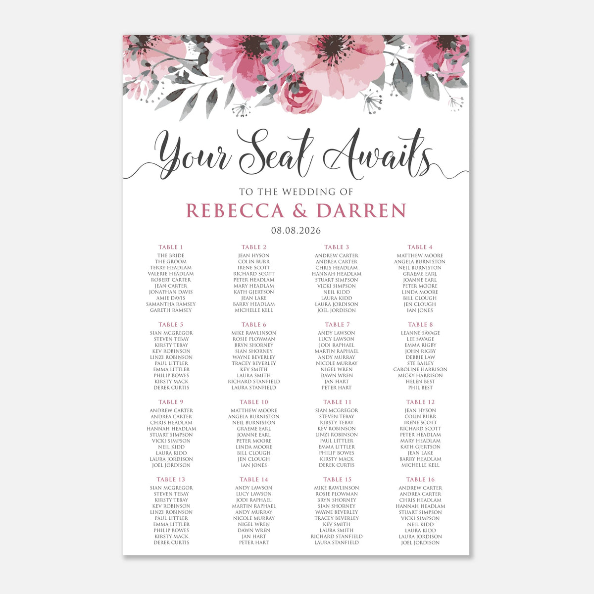A wedding seating chart print with a watercolor floral header in pink and green, reading 'Your Seat Awaits' and listing 16 tables for the wedding of Rebecca and Darren, 08.08.