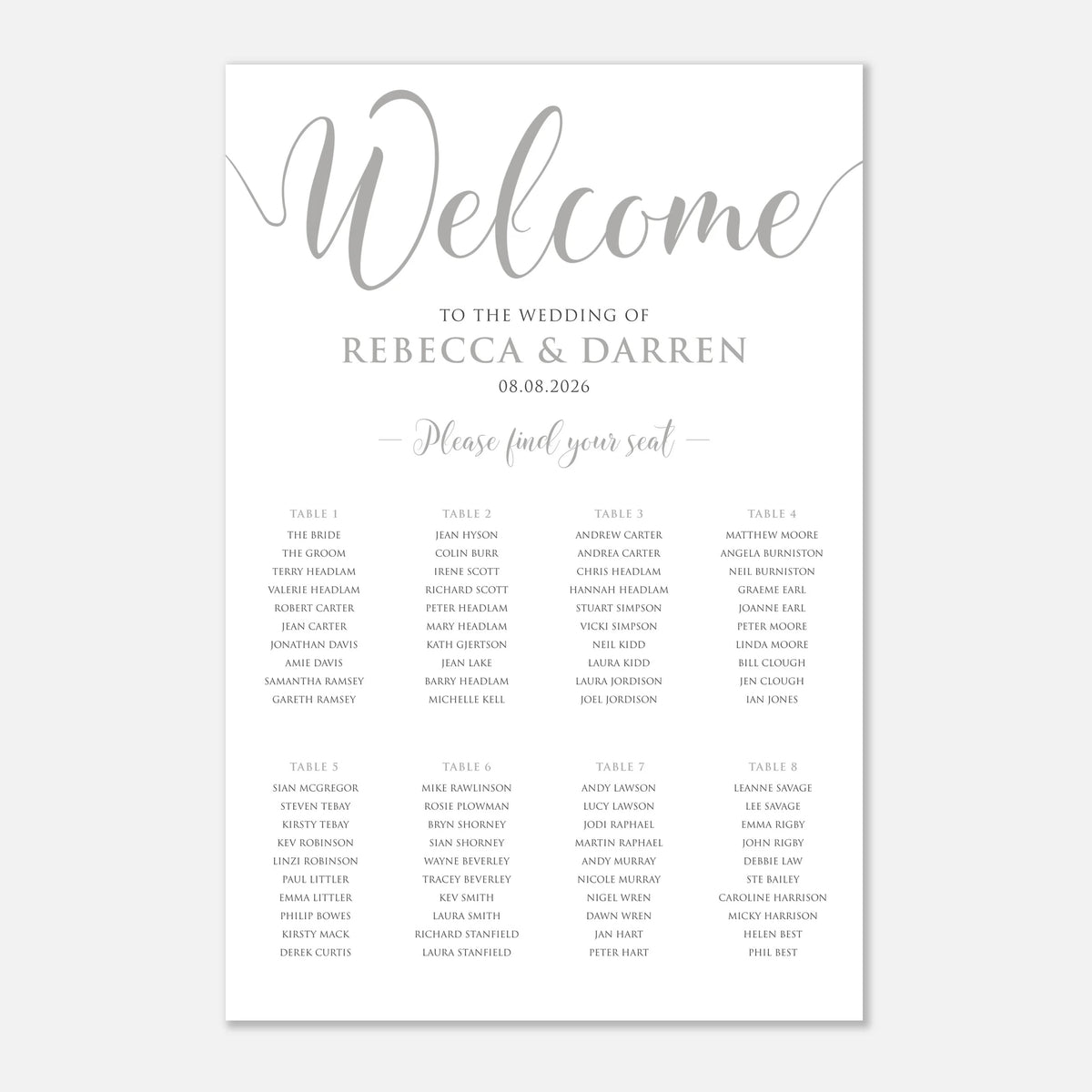 A wedding program or seating card design with elegant silver script reading 'Welcome' at the top, followed by the wedding names 'Rebecca & Darren', date '08.08.