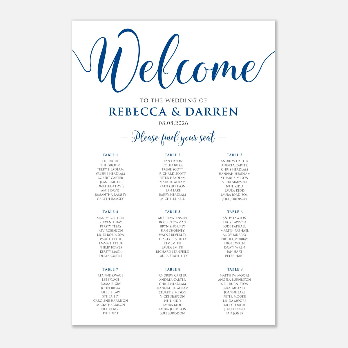 A wedding welcome seating card template featuring elegant royal blue script and serif typography on a clean white background, displayed against a light gray backdrop. With 9 tables.