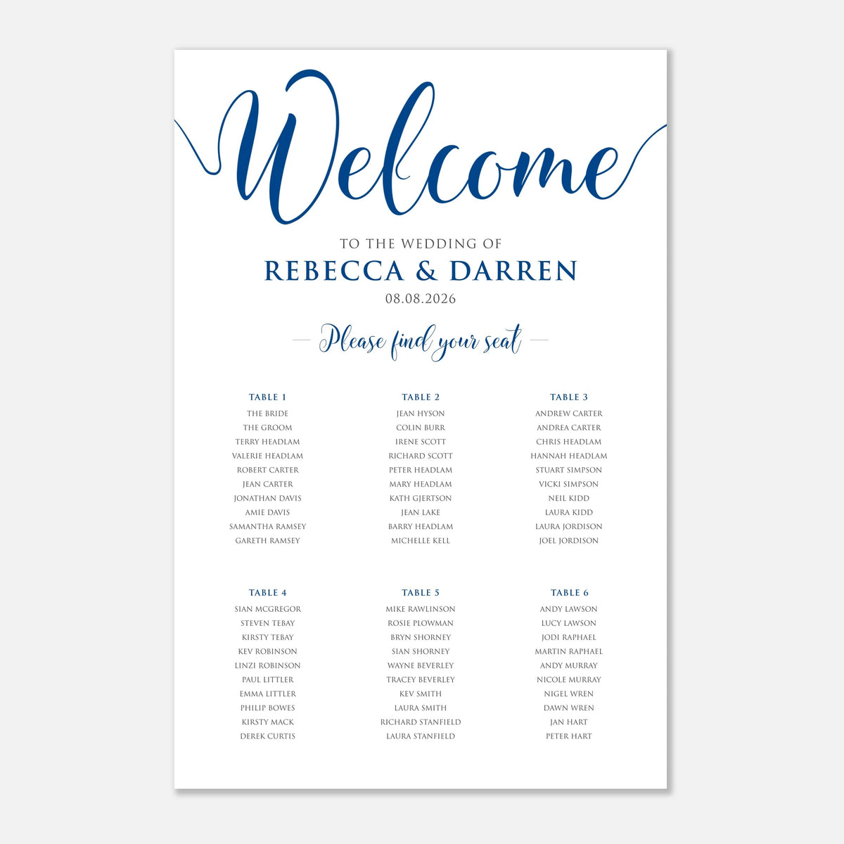 A wedding welcome seating card with a white background, featuring elegant royal blue script text reading 'Welcome' and blue serif text reading 'to the wedding of Rebecca & Darren 08.08.