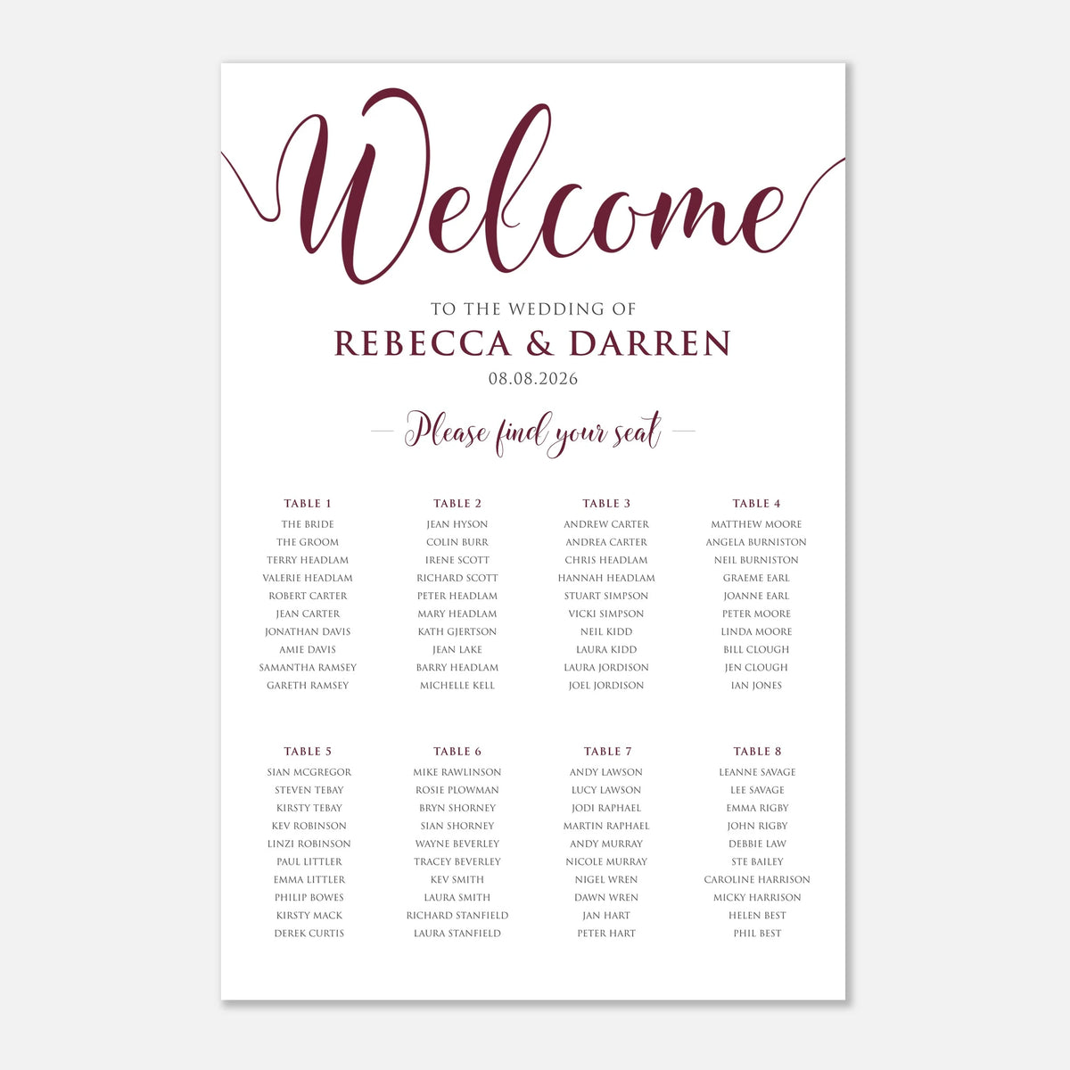 A wedding welcome sign print with elegant burgundy script reading 'Welcome' and black text listing the wedding of Rebecca & Darren, the date and 8 table listings.
