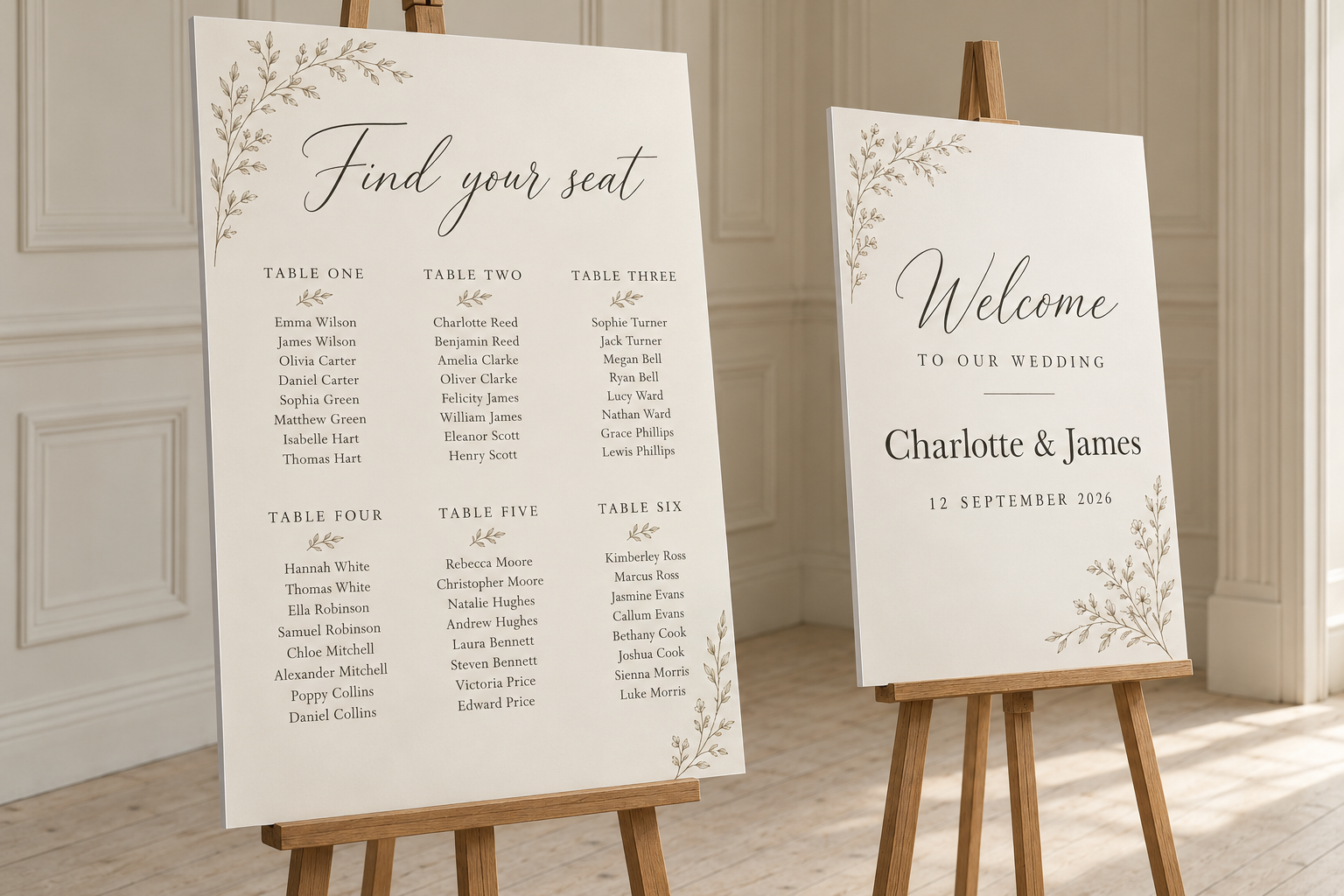 Two wedding seating cards displayed on wooden easels in a bright indoor setting. One card reads 'Find your seat' with table arrangements, and the other reads 'Welcome to our wedding' with the names Charlotte & James and the date 12 September 2024.