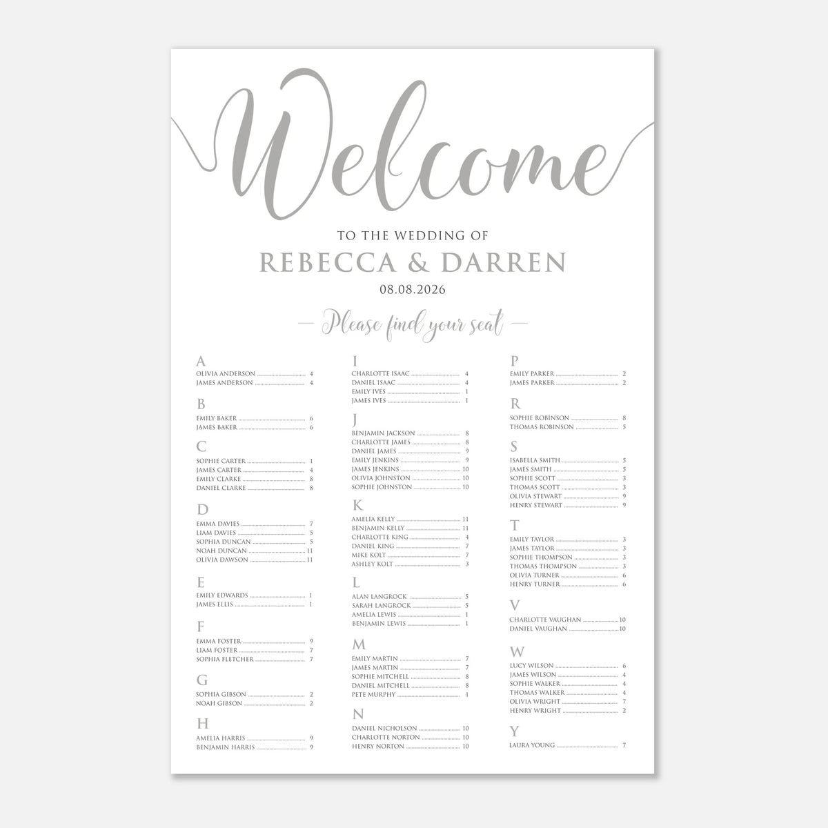 A wedding reception welcome seat plan sign with elegant silver script and serif text on a white background, displayed against a light gray backdrop.