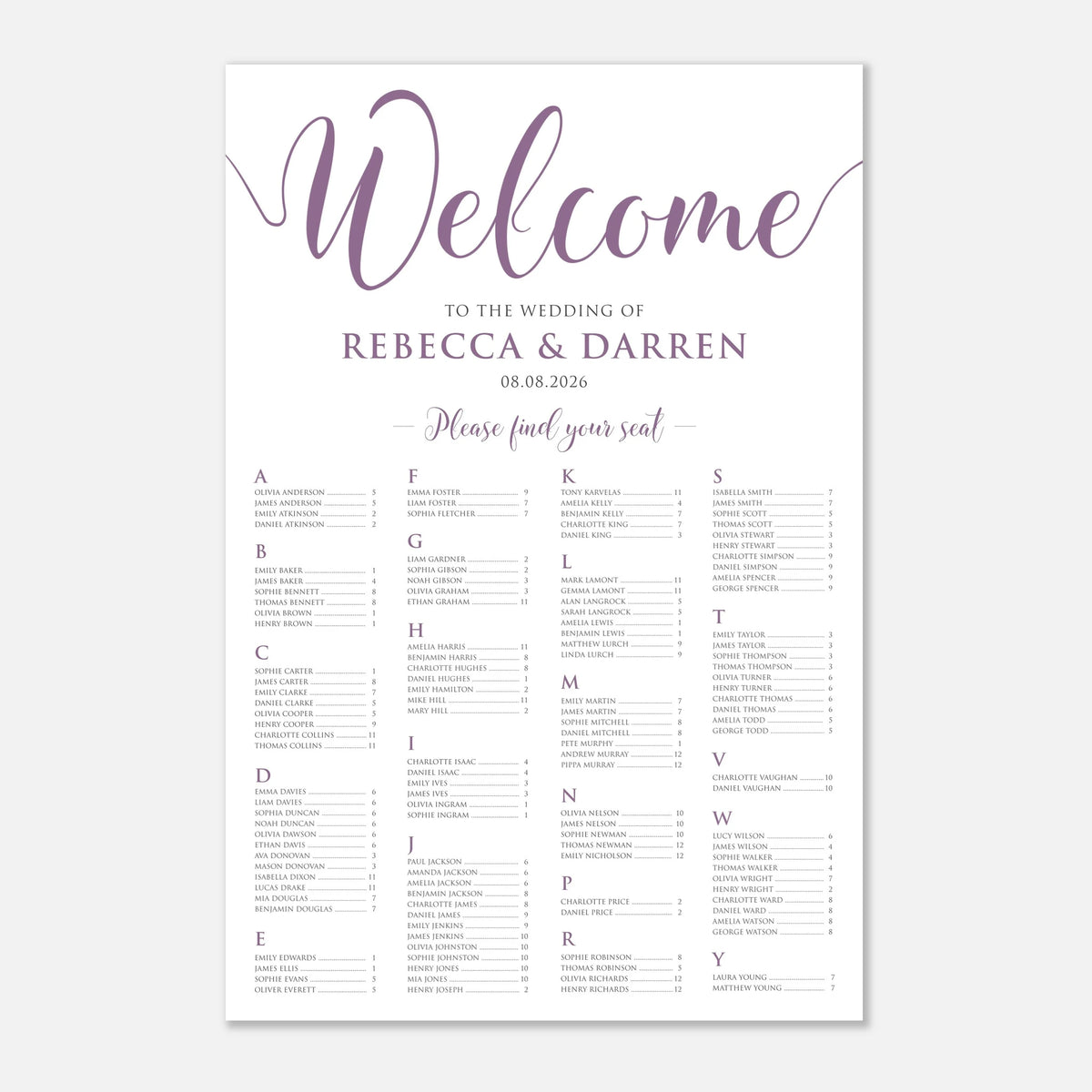 A wedding reception seating chart print with a white background and purple text, featuring the word 'Welcome' at the top and a grid of alphabet sections listing guests and tables.