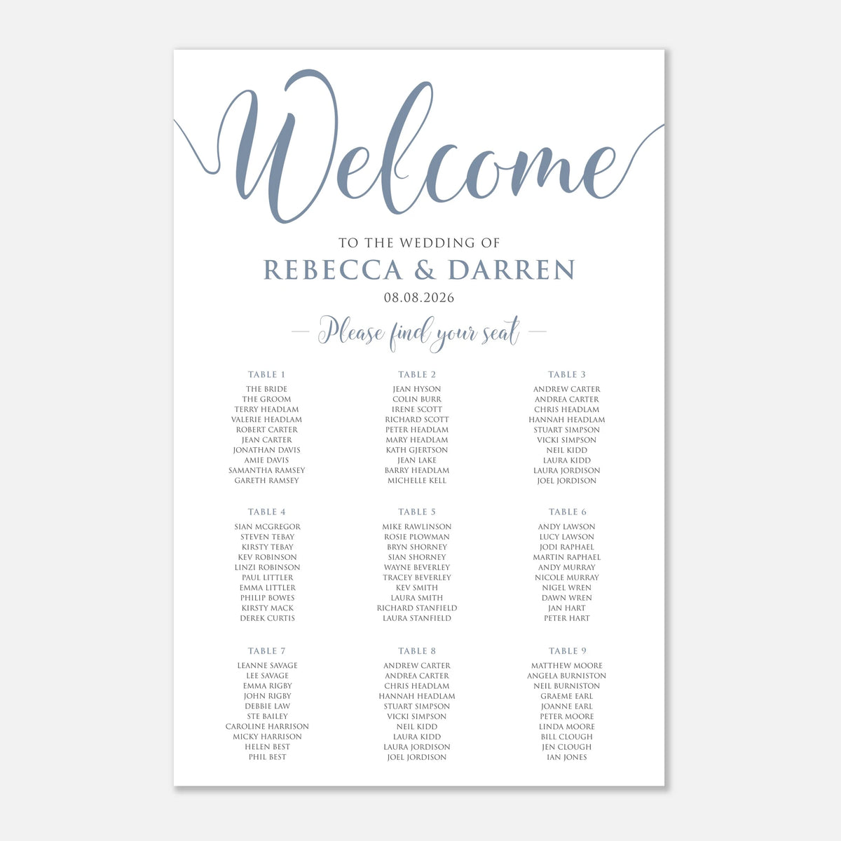 A wedding welcome seating chart print with elegant blue script reading 'Welcome' and dusty blue serif text reading 'to the wedding of Rebecca & Darren 08.08.