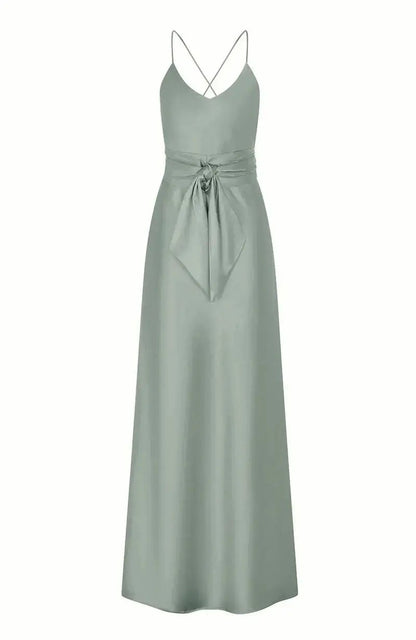 Sage green bridesmaid dress with thin straps on a white background
