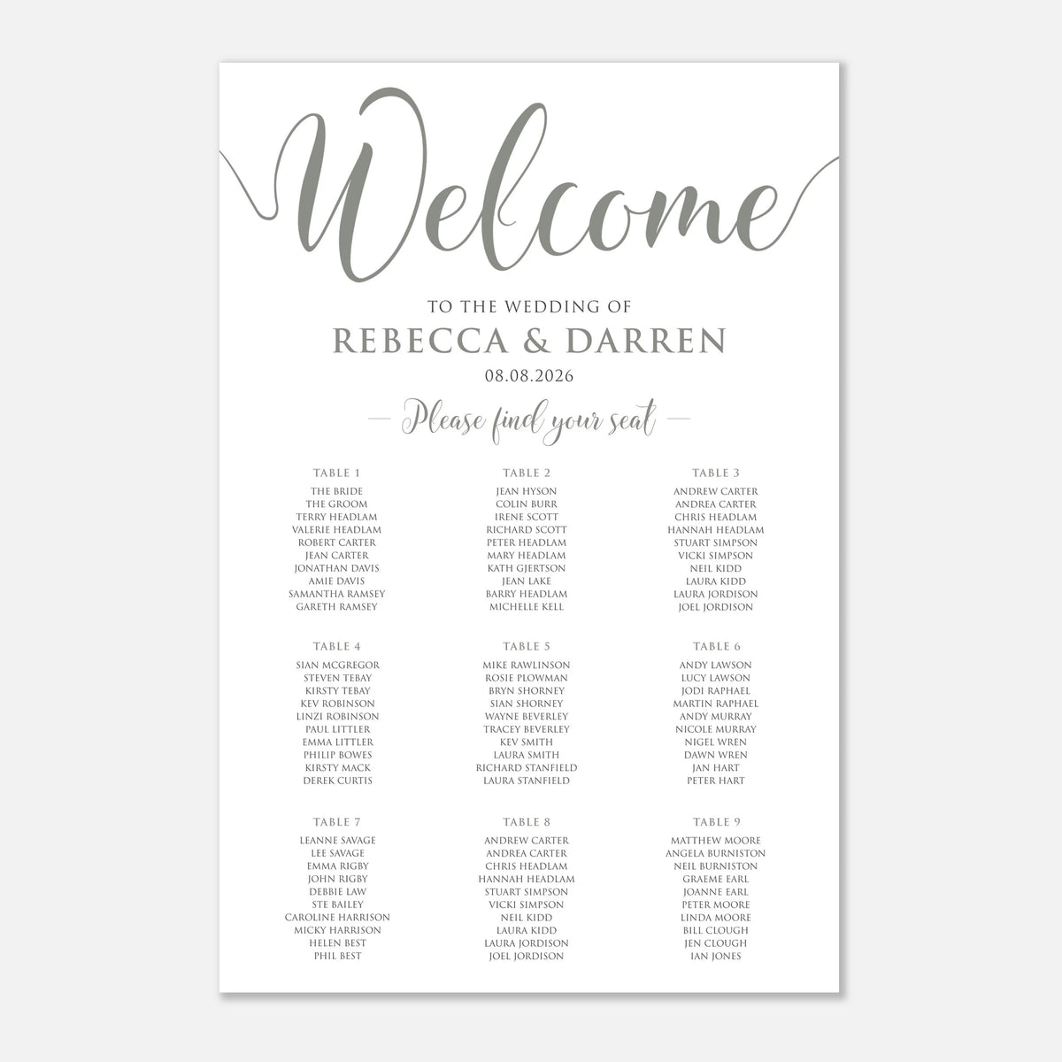 A wedding welcome seating chart print with elegant sage green script reading 'Welcome' and black text listing tables and names, shown on a clean white background.