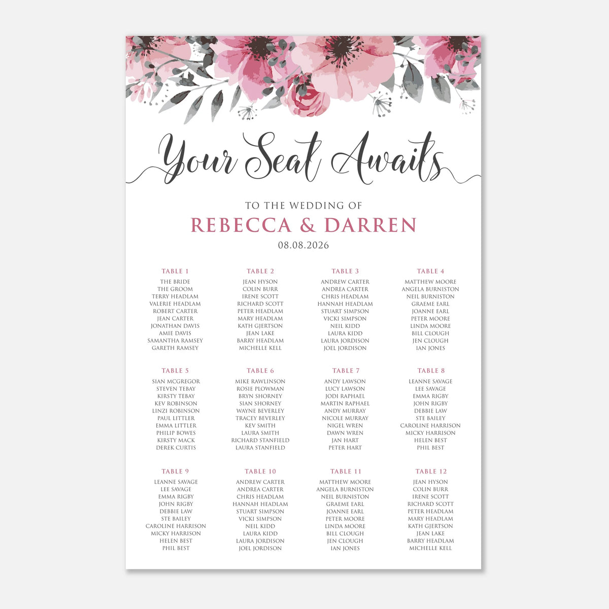 A wedding seating chart print with a pink floral watercolor header and the text 'Your Seat Awaits' above a list of 12 tables for the wedding of Rebecca and Darren on 08.08.