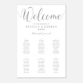 A wedding reception seating chart print with elegant silver script reading 'Welcome' and black text listing guests by table, on a clean white background.