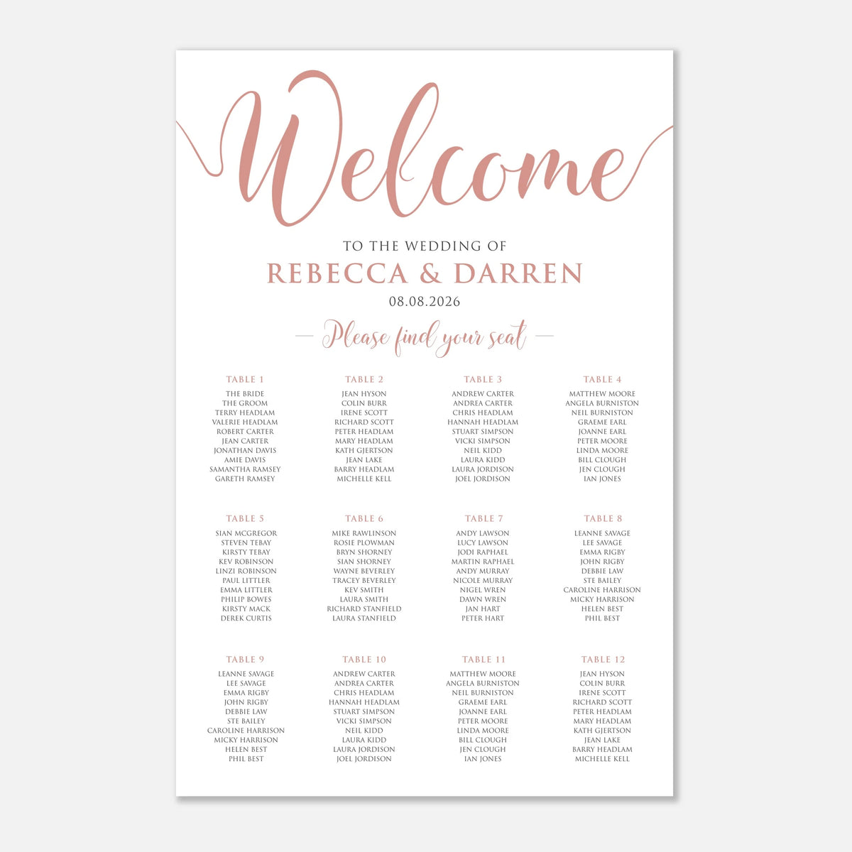 A wedding welcome seating chart print with elegant rose gold script reading 'Welcome' and black text listing the wedding details and 12 table assignments, shown on a light gray background.