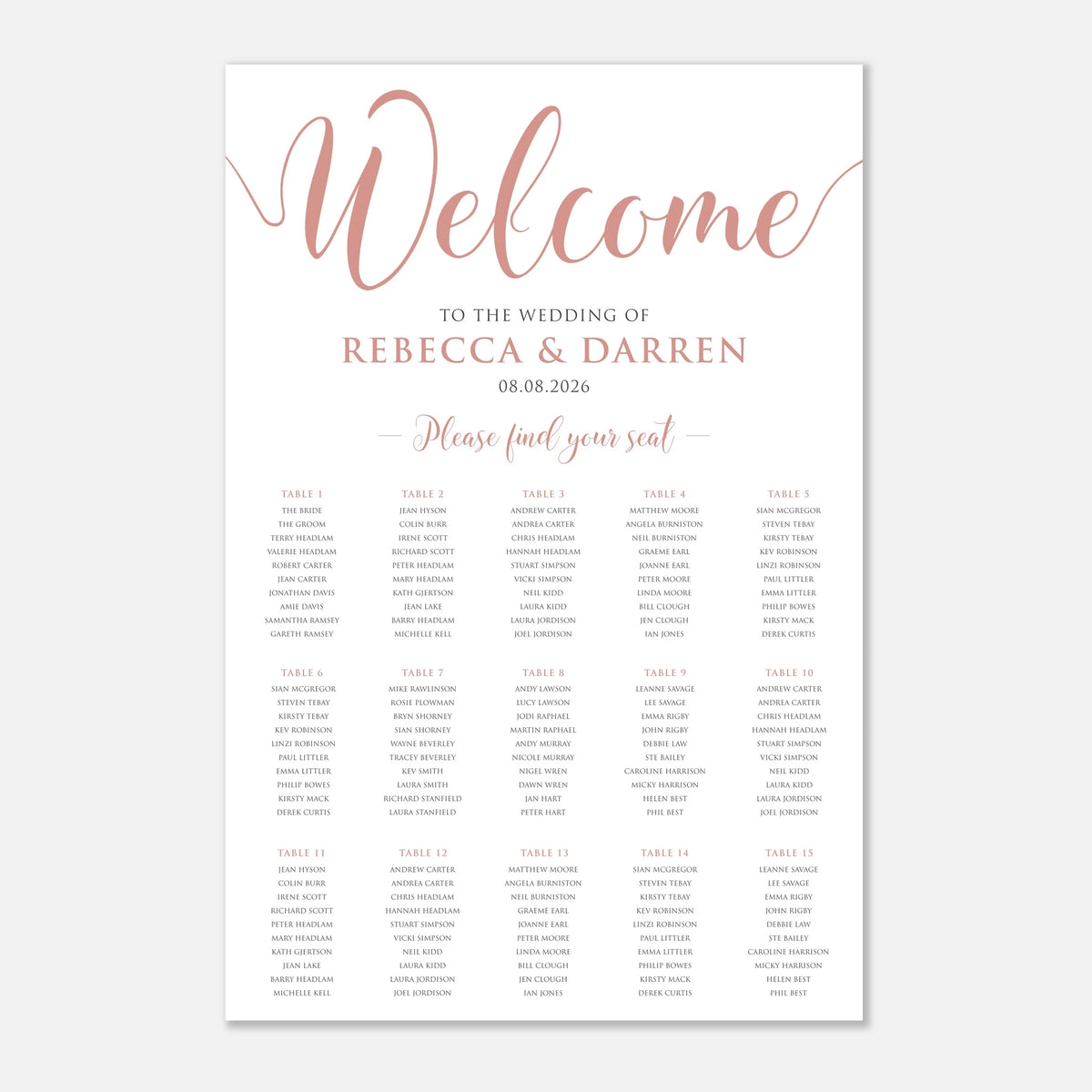 A wedding welcome seating chart print with elegant rose gold script reading 'Welcome' and black text identifying the wedding of Rebecca & Darren on 08.08. with 15 tables.