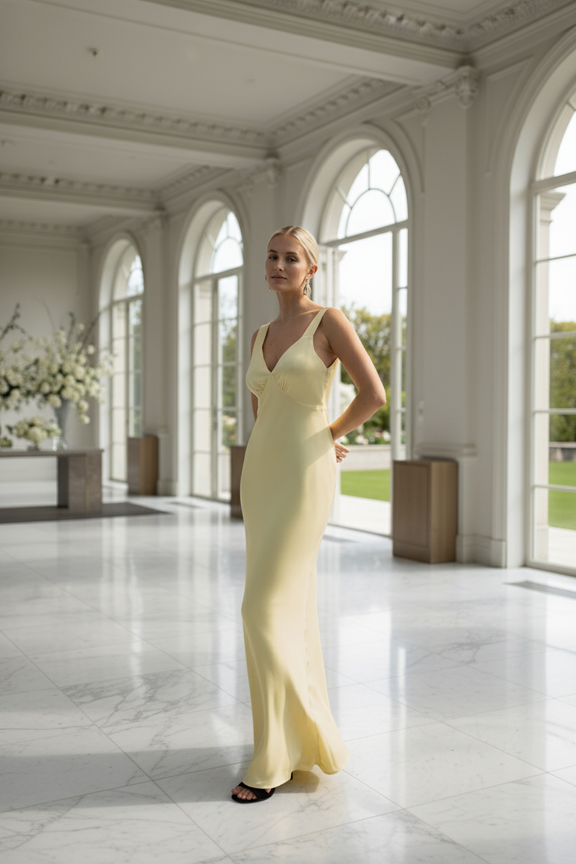 Bridesmaid in a lemon yellow evening gown standing in a large, bright wedding venue with high ceilings and large windows.