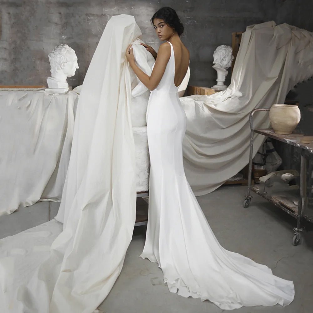 Backless Boho Side Slit Satin Mermaid Wedding Dress Back