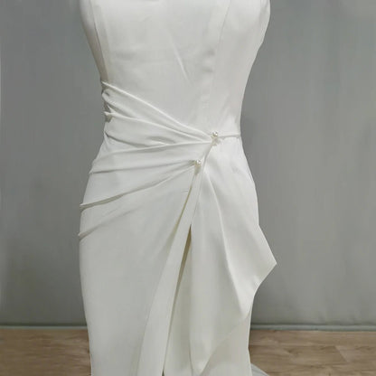 Backless Boho Side Slit Satin Mermaid Wedding Dress mannequin front waist