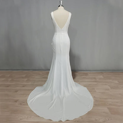 Backless Boho Side-Slit Satin Mermaid Wedding Dress mannequin full back