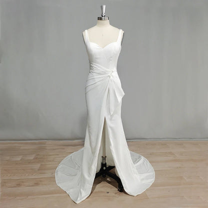 Backless Boho Side Slit Satin Mermaid Wedding Dress mannequin full front