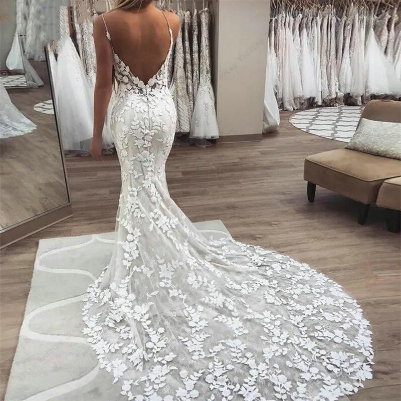 Boho Backless Lace Mermaid Wedding Dress back