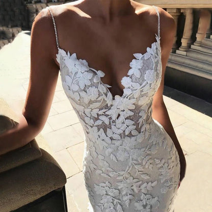 Boho Backless Lace Mermaid Wedding Dress close up