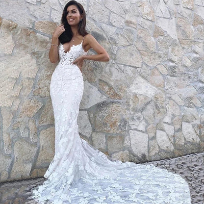 White Boho Backless Lace Mermaid Wedding Dress front view