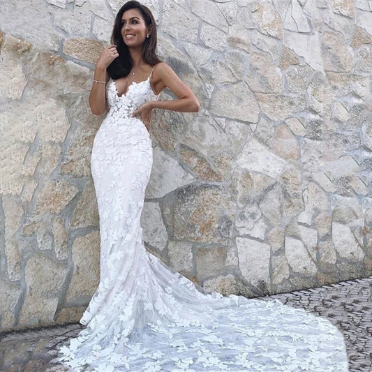 Boho Backless Lace Mermaid Wedding Dress front