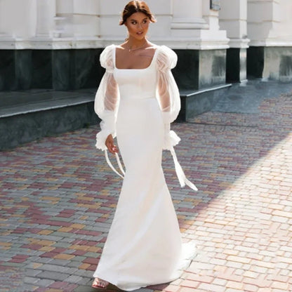 Bride walking down a street wearing a Modern Square Collar Wedding Dress with Full Puff Sleeves