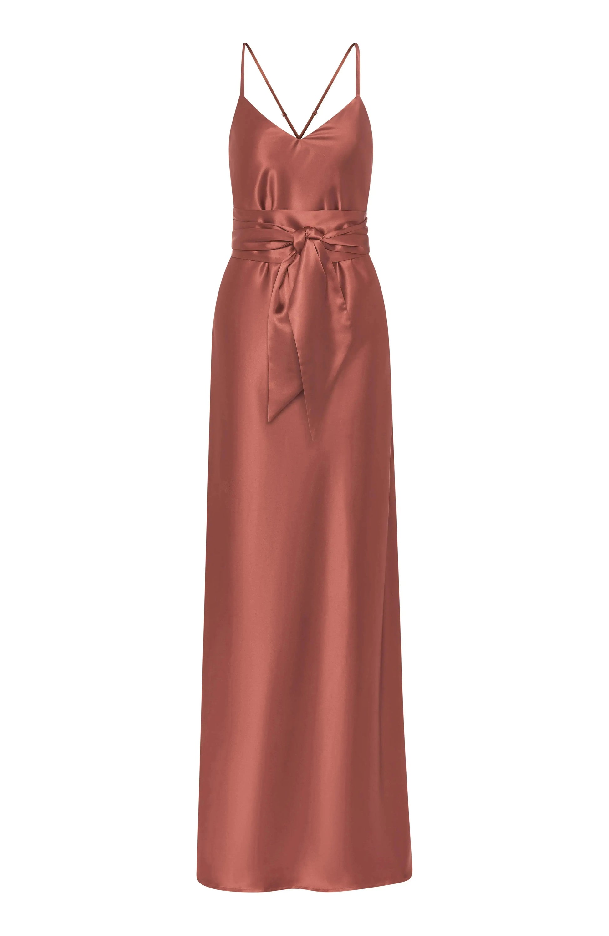 Long terracotta brown bridesmaid dress with thin straps on a white background