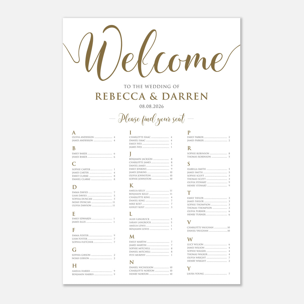Gold Script Alphabetical Wedding Seating Chart – Personalised 24 × 36″