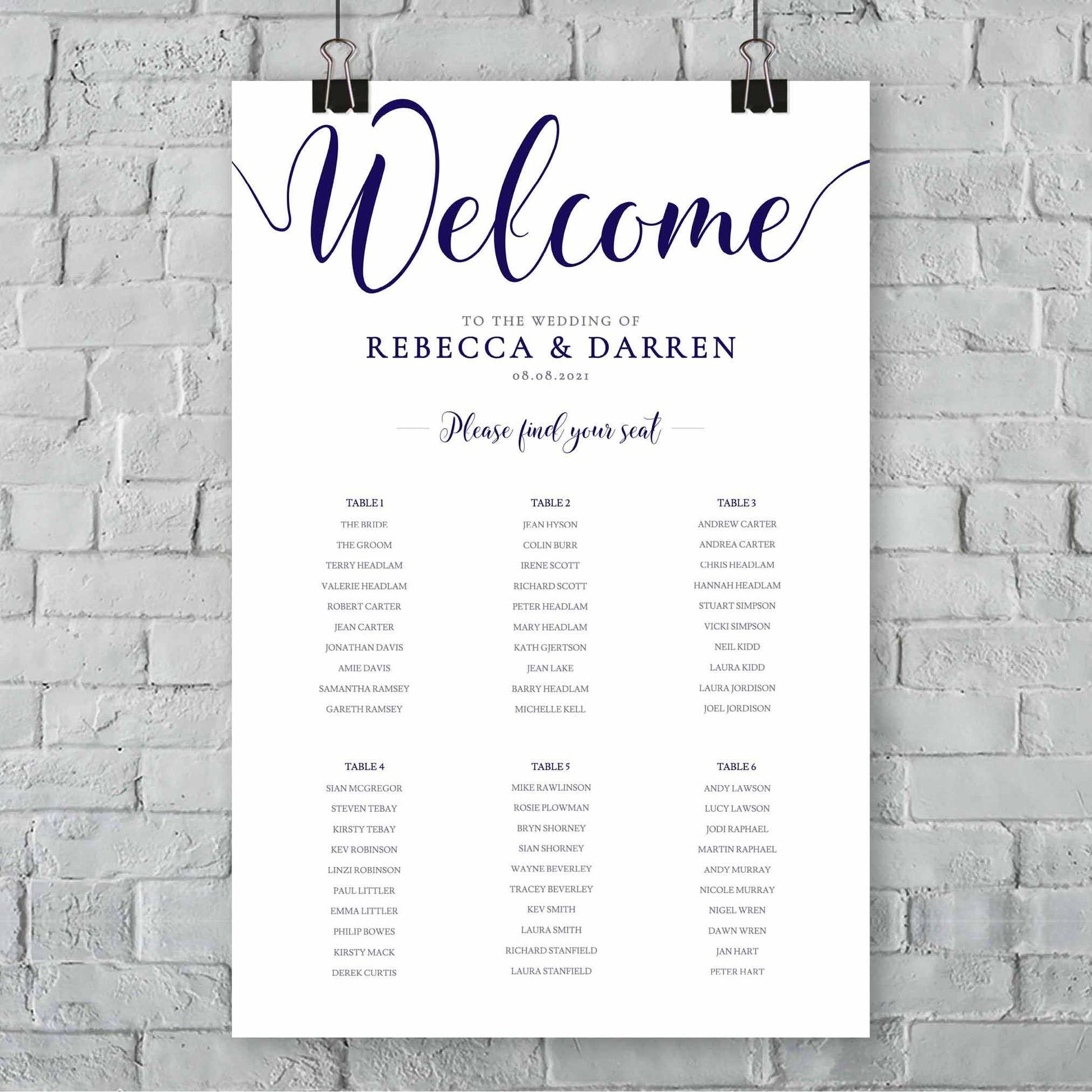 DIY wedding seating chart template with 6 tables in navy