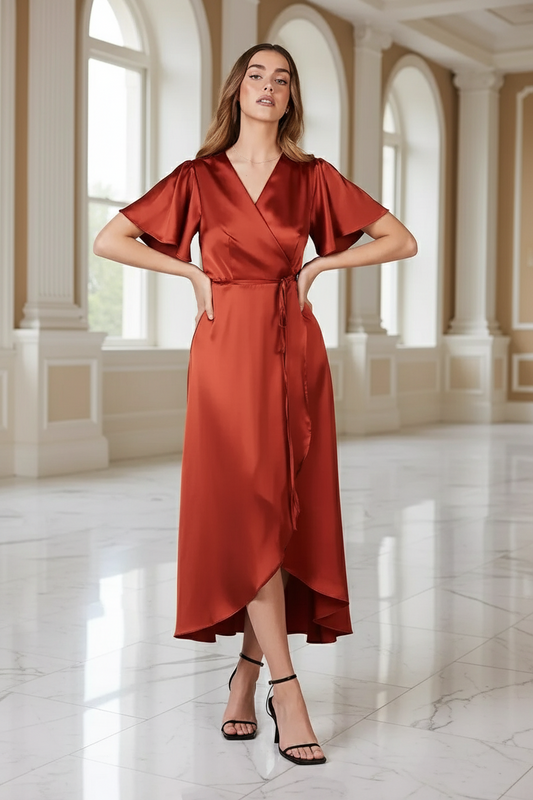 Bridesmaid wearing a burnt orange red Bridesmaid dress in an elegant wedding venue