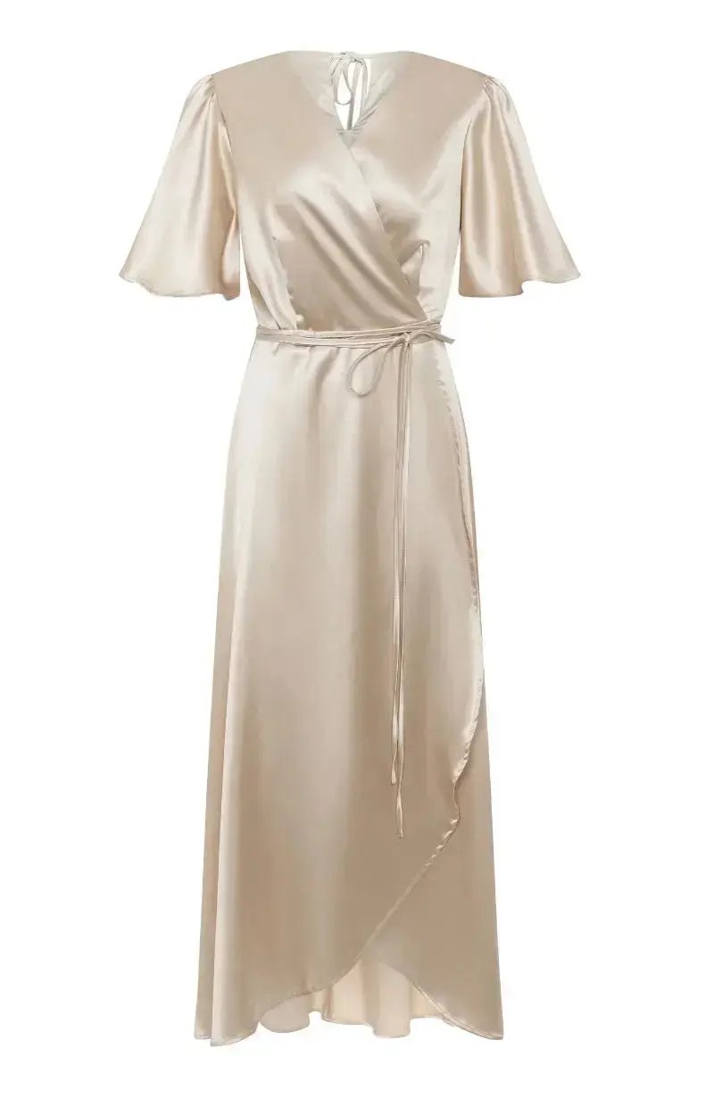 champagne satin bridesmaid dress on a white background