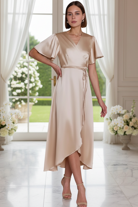 Bridesmaid wearing a champagne dress in a bright room at a wedding reception venue with large windows and floral decorations.