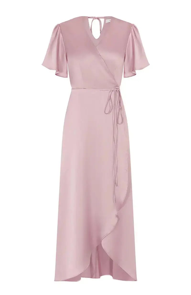 Pink bridesmaid dress with a V-neckline and short sleeves on a white background