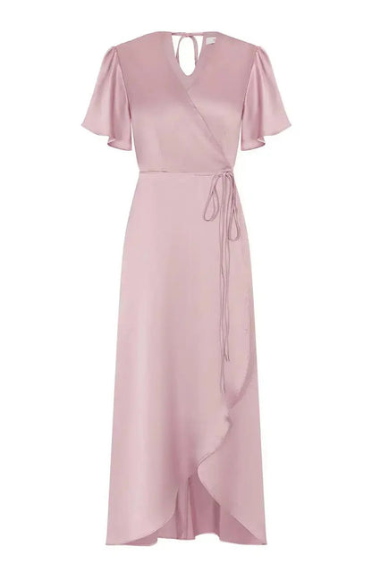Pink bridesmaid dress with a V-neckline and short sleeves on a white background