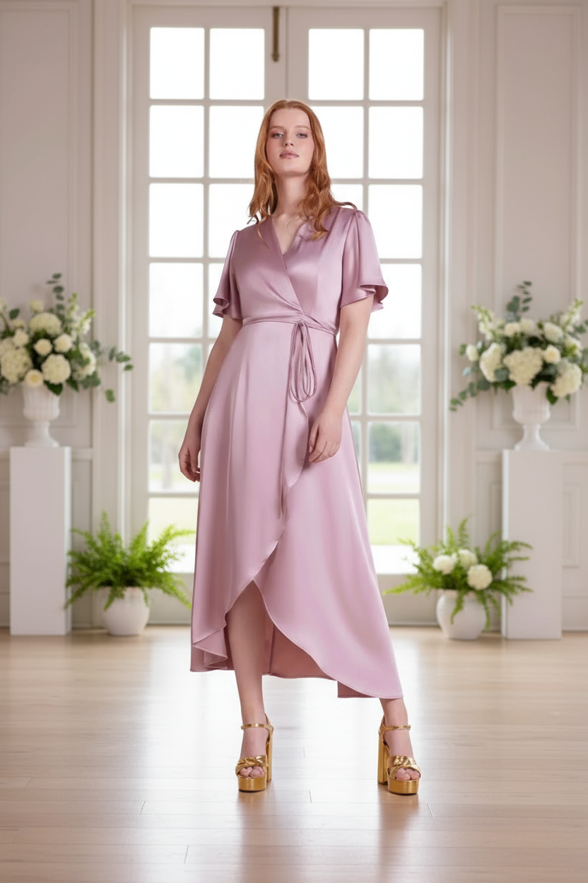 Bridesmaid in a rose pink dress standing in a bright room with large windows and floral arrangements.