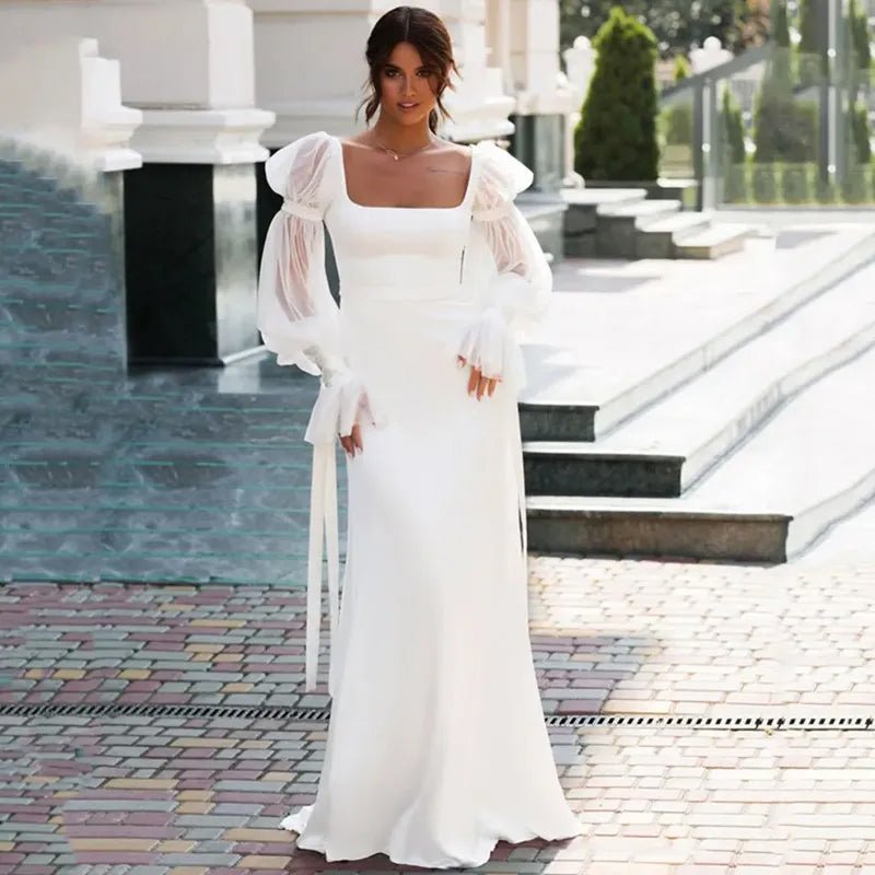 Full-length front view of bride wearing White Modern Square Collar Wedding Dress with Full Puff Sleeves