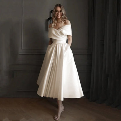 Ivory A-Line Ankle Length Off-The-Shoulder Wedding Dress front view