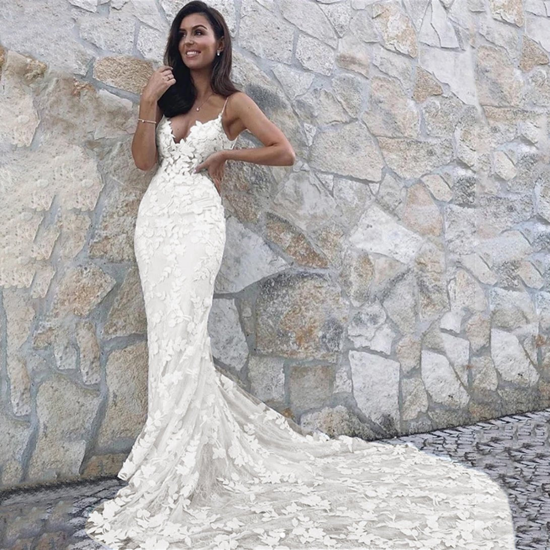 Ivory Boho Backless Lace Mermaid Wedding Dress front view