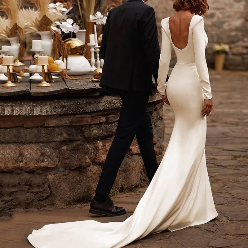 Ivory Satin Backless Mermaid Wedding Dress with Long Sleeves back side view