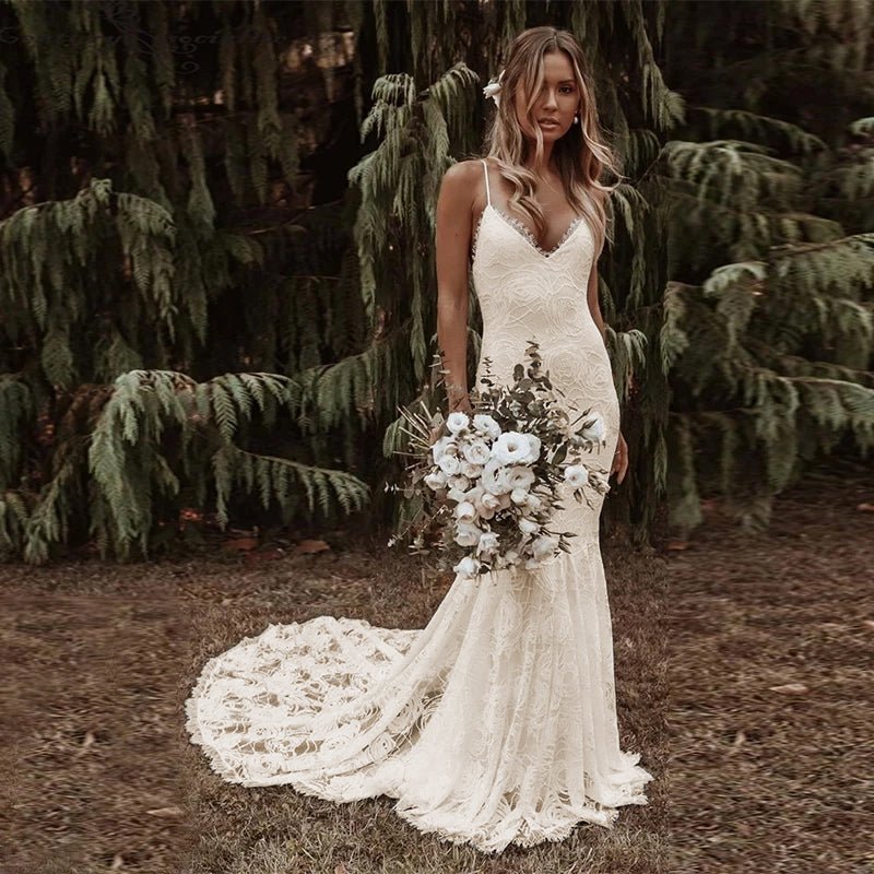 Ivory Backless Lace Boho Mermaid Wedding Dress full front